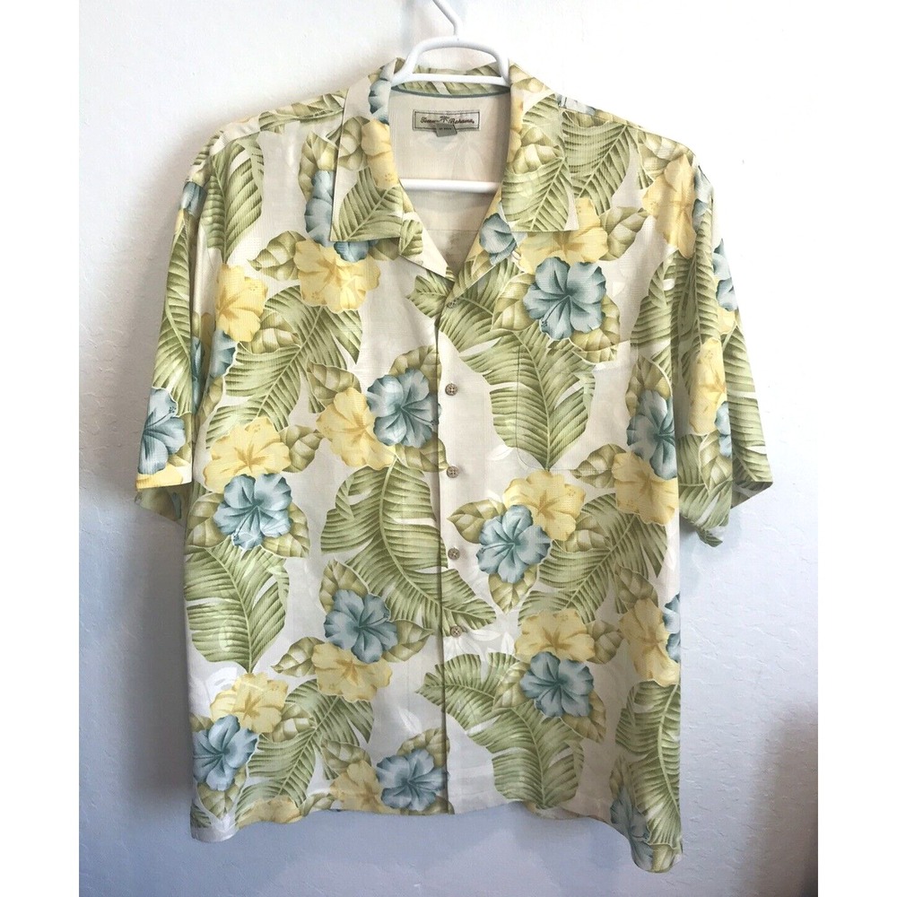 Tommy Bahama Mens Shirt Silk Wood Button Front Hawaiian Camp Size XL